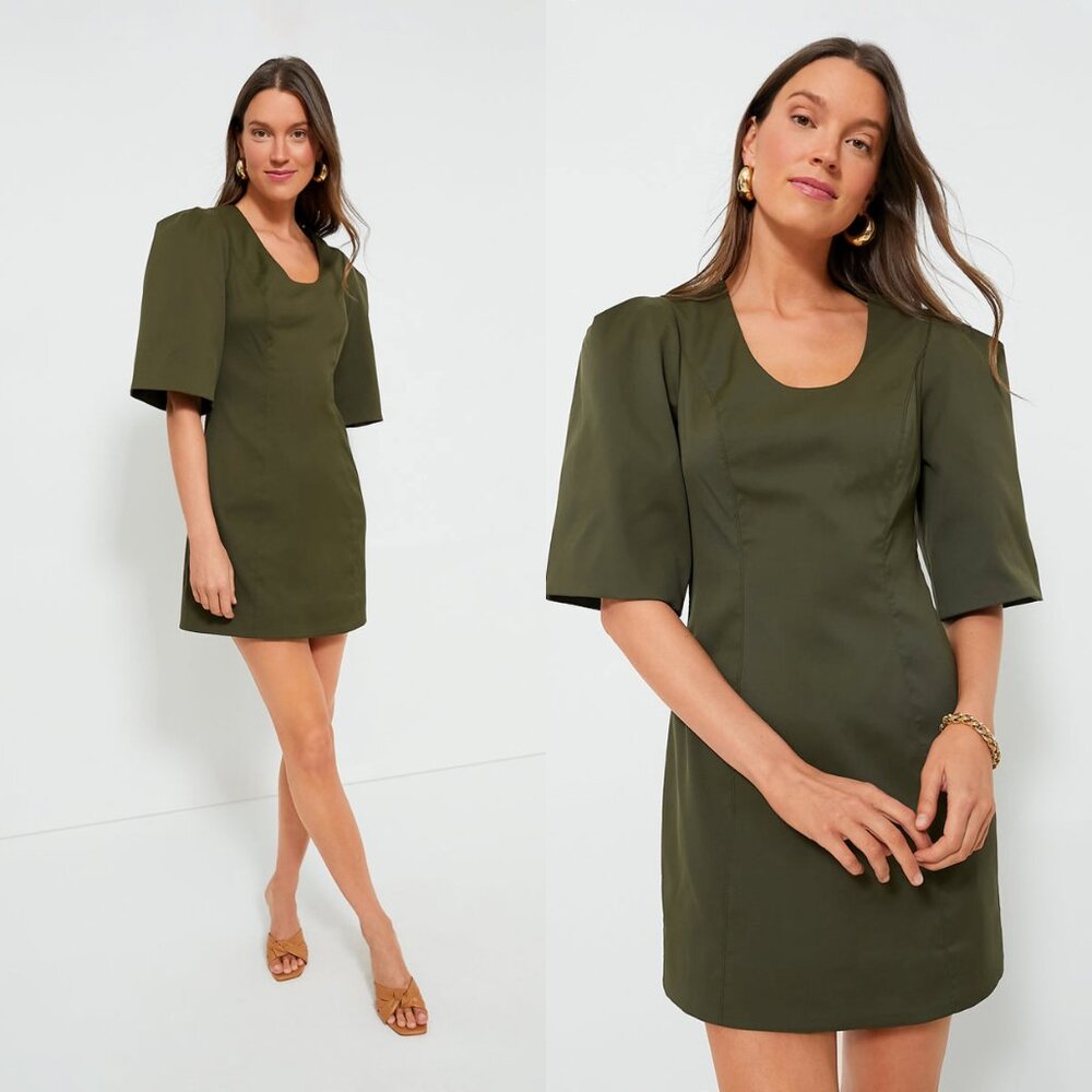 Tuckernuck NEW Olive Twill Ariella Puff Sleeve Scoop Neck Mini Dress Size XS